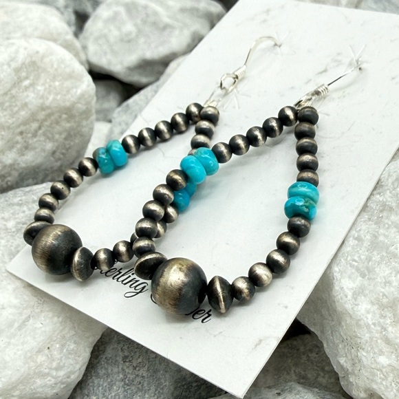 Sterling Silver Navajo Pearl Turquoise Dangle Earrings 2” Southwest Style - Picture 6 of 11